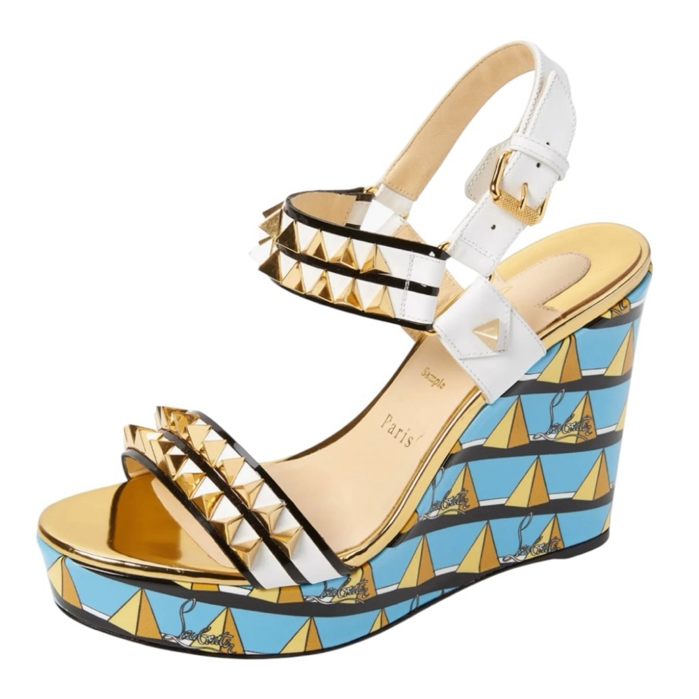 Christian Louboutin Griotta Wedge Sandal Size 37 White Gold Turquoise
